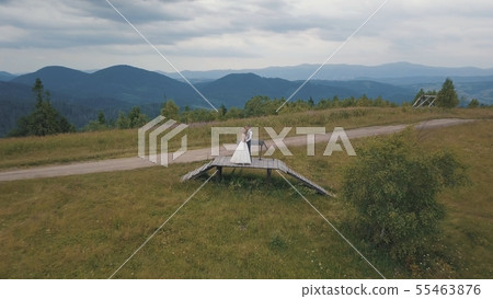 Groom with bride together on a mountain hills. Aerial drone shot 55463876