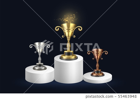 Golden, silver and bronze championship rewards. White 3D Cylinder solid pedestal podium. Winner Cup 55463948