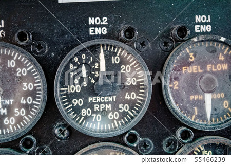Cockpit of vintage aircraft, aviation instruments, multimeter gauges, control system 55466239