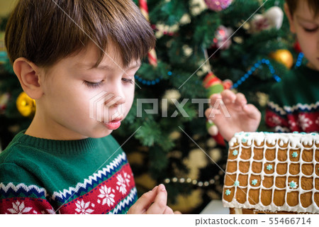 Two sweet boys, brothers, making gingerbread 55466714