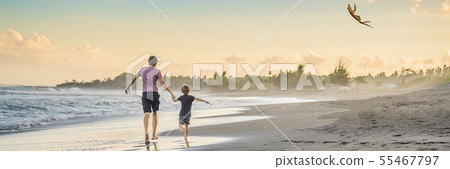 Young father and his son running with kite on the beach BANNER, LONG FORMAT Young father and his son running with kite on the beach BANNER, LONG FORMAT 55467797