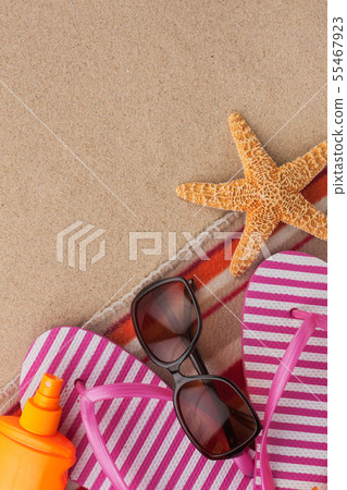 Summer accessories flip flops and towel. Summer accessories flip flops and towel. 55467923