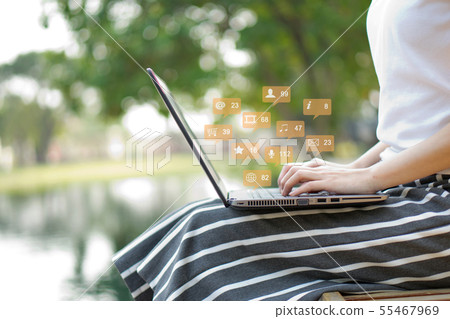 Woman hands using social network with laptop, Woman hands using social network with laptop, 55467969