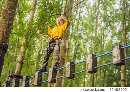 Little boy in a rope park. Active physical recreation of the child in the fresh air in the park Little boy in a rope park. Active physical recreation of the child in the fresh air in the park 55468505