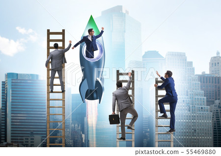 Competition concept with businessman on rocket Competition concept with businessman on rocket 55469880
