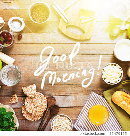 Healthy ingredient for breakfast egg oatmeal fruit 55479155