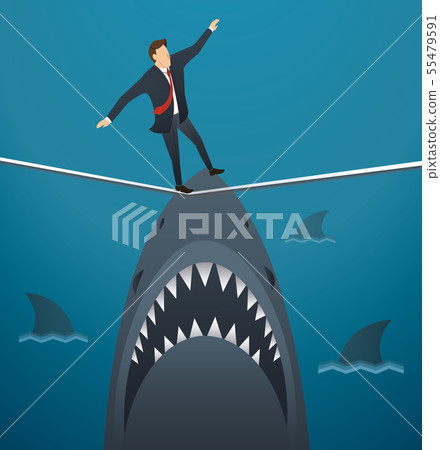 businessman walking on rope with sharks underneath businessman walking on rope with sharks underneath 55479591