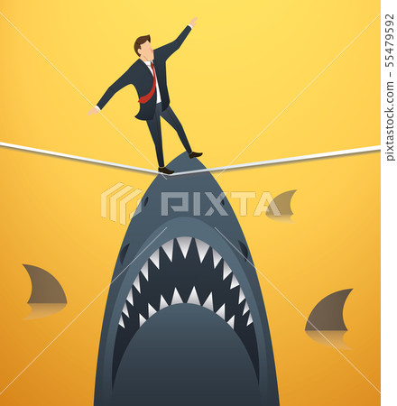 businessman walking on rope with sharks underneath 55479592