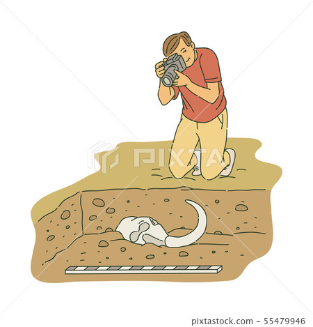 Male archaeologist kneeling and taking photo of ancient bones sketch style Male archaeologist kneeling and taking photo of ancient bones sketch style 55479946