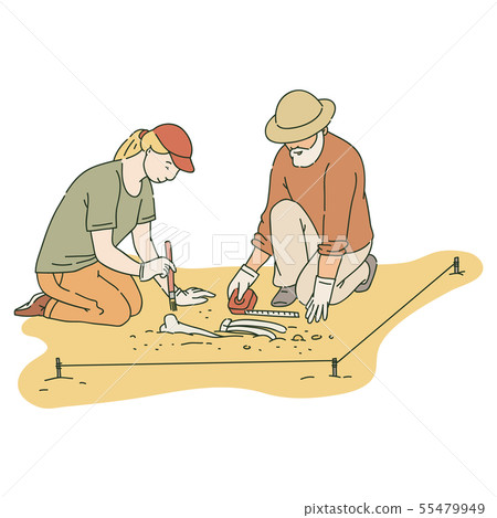 Male and female archaeologists working on site with special tools sketch style Male and female archaeologists working on site with special tools sketch style 55479949