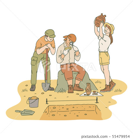 Happy male and female archaeologists researching found artifacts sketch style 55479954