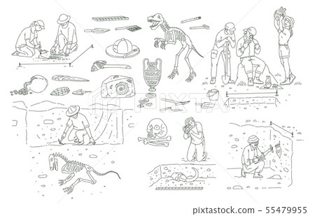 Set of archeology tools and people working on excavation outline sketch style 55479955