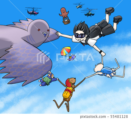 Illustration of sky diving person and animals (pets) Blue sky Illustration of sky diving person and animals (pets) Blue sky 55481128