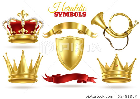 Realistic heraldic symbols. Golden crowns, king and queen gold diadem. Trumpet, shield and ribbons Realistic heraldic symbols. Golden crowns, king and queen gold diadem. Trumpet, shield and ribbons 55481817