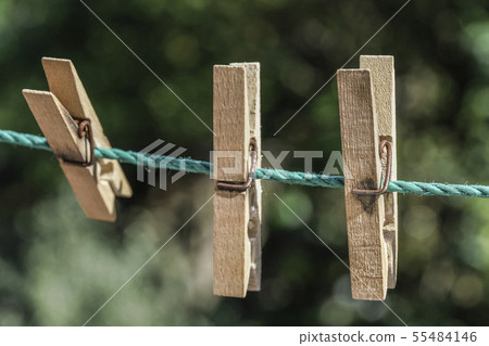 wooden clothes pegs hanged on rope at garden wooden clothes pegs hanged on rope at garden 55484146