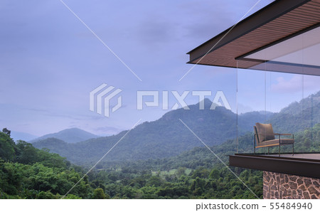 Modern house exterior with mountain view 3d render 55484940