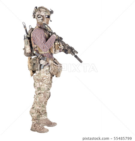 Airsoft player aiming service rifle studio shoot 55485799