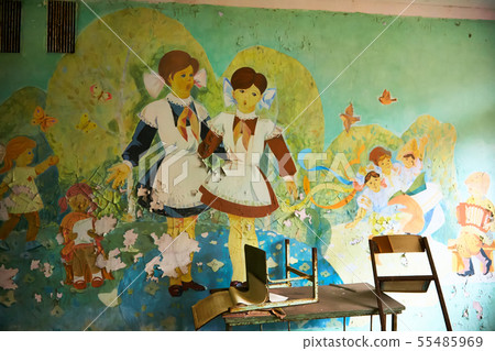 School premise in the city of Pripyat in Ukraine. Emptiness. Dampness. Exclusion Zone. Nuclear 55485969