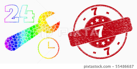 Vector Bright Pixel 24-7 Repair Service Icon and Scratched 7 Stamp 55486687