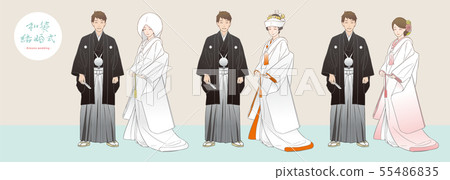 傳染媒介給一個神的婚禮的夫婦的例證套。刺繡haori /白色靛藍（角落隱藏/棉帽/西部頭髮）。 55486835