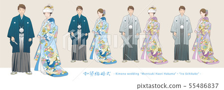 Vector illustration set of a couple who give a divine wedding. Embroidered Haori Zen (Colored Hair, Corner Hidden). Vector illustration set of a couple who give a divine wedding. Embroidered Haori Zen (Colored Hair, Corner Hidden). 55486837