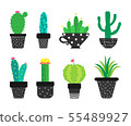 Vector set of cartoon cacti in the pots. 55489927