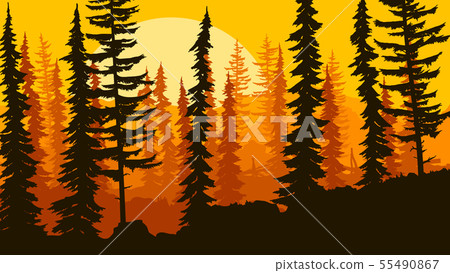 Horizontal illustration of sunset in forest hills. Horizontal illustration of sunset in forest hills. 55490867