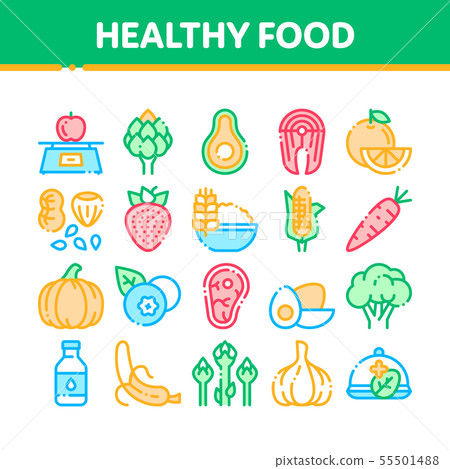 Collection Healthy Food Vector Thin Line Icons Set - Stock Illustration ...