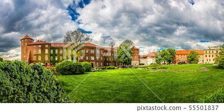 Grass lawn in Wawel castle, panoramic view 55501837