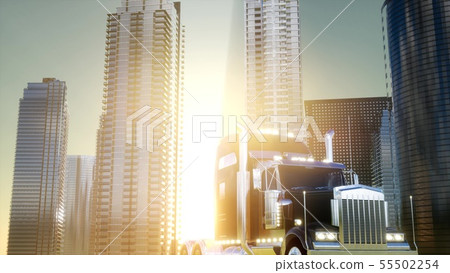 lorry truck and skyscrapers at sunset lorry truck and skyscrapers at sunset 55502254