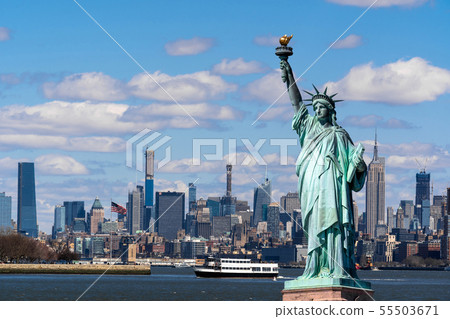 The Statue of Liberty over the Scene of New york cityscape river side which location is lower manhattan,Architecture and building with tourist concept 55503671