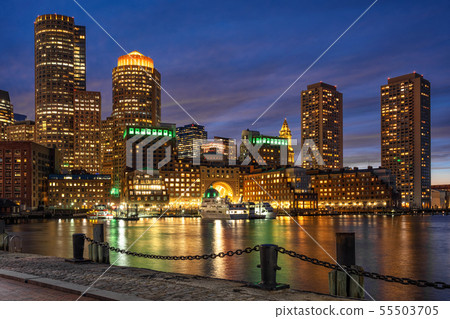 Scene of Boston skyline from Fan Pier at the fantastic twilight time with smooth water river, Massachusetts, USA downtown skyline, Architecture and building with tourist concept 55503705