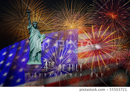 Statue of Liberty with Independence day 4th july text over the Multicolor Fireworks Celebrate with the United state of America USA flag background 55503721