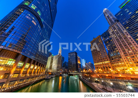 The Chicago riverwalk cityscape river side, USA downtown skyline, Architecture and building with tourist concept 55503744