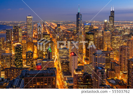 Top view building of Chicago cityscape at the night time, USA downtown skyline, Architecture and building with tourist concept Top view building of Chicago cityscape at the night time, USA downtown skyline, Architecture and building with tourist concept 55503762