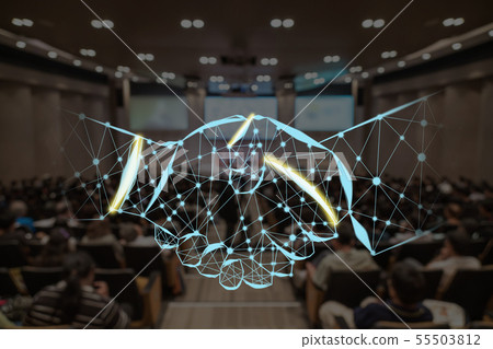Handshake shape writing by lines and dots over Top view scene of Asian and Multiethnic Business people with casual suit standing and Hand coordination, business success and partnership concept 55503812