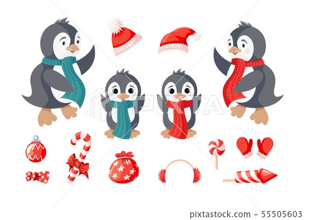 Cute penguins family and items icon set isolated on white background 55505603