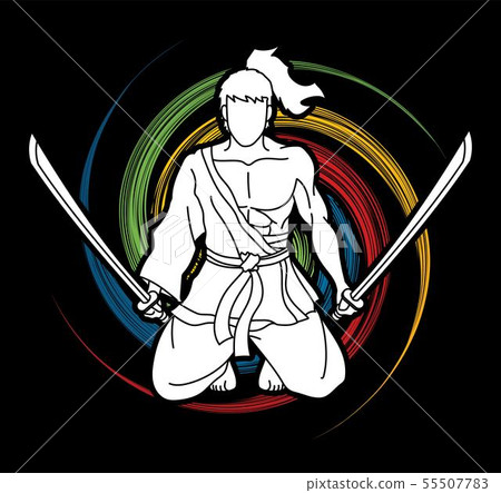 Samurai warrior sitting with swords cartoon vector 55507783