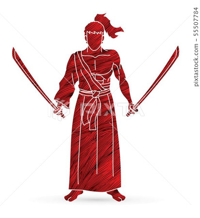 Samurai warrior standing with swords cartoon  55507784