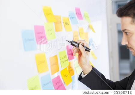Creative man use post-it notes to share idea 55508718