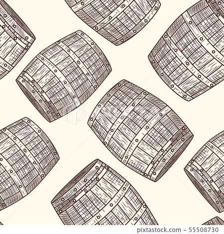 Hand drawn wood barrel seamless pattern. Engraving style. 55508730