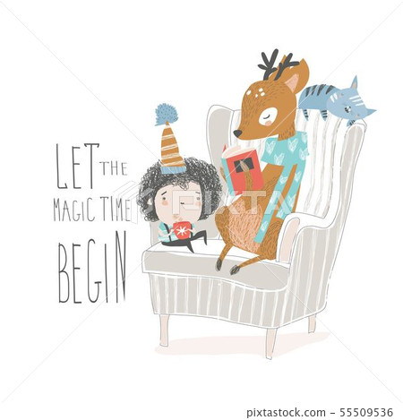 Cute deer reading book to a little boy 55509536