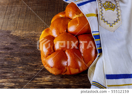 Homemade challah bread with grey background, Homemade challah bread with grey background, 55512159