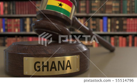 Flag of Ghana on falling judges gavel in court. National justice or jurisdiction related conceptual 55514796