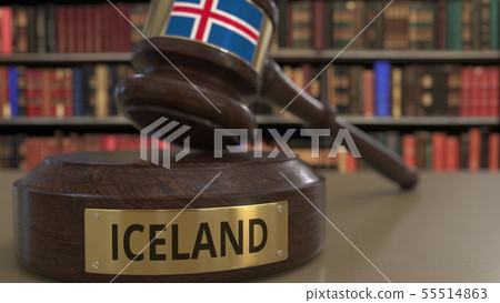 Flag of Iceland on falling judges gavel in court. National justice or jurisdiction related 55514863