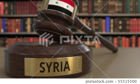 Flag of Syria on falling judges gavel in court. National justice or jurisdiction related conceptual 55515500