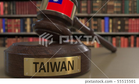 Flag of Taiwan on falling judges gavel in court. National justice or jurisdiction related conceptual 55515501