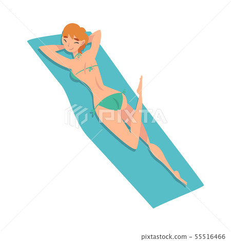 Young Woman Lying on Her Stomach Sunbathing on Beach, Girl Enjoying Summer Vacation Vector Young Woman Lying on Her Stomach Sunbathing on Beach, Girl Enjoying Summer Vacation Vector 55516466