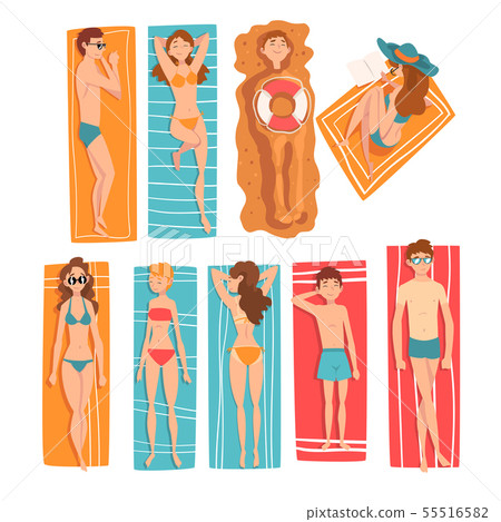 People Sunbathing and Relaxing on Beach Set, Top View of Lying Men, Women and Kids, People Enjoying 55516582