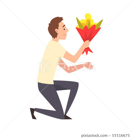 Young Man Kneeling Down with Bouquet of Flowers, Guy Making Marriage Proposal, Congratulations on 55516675